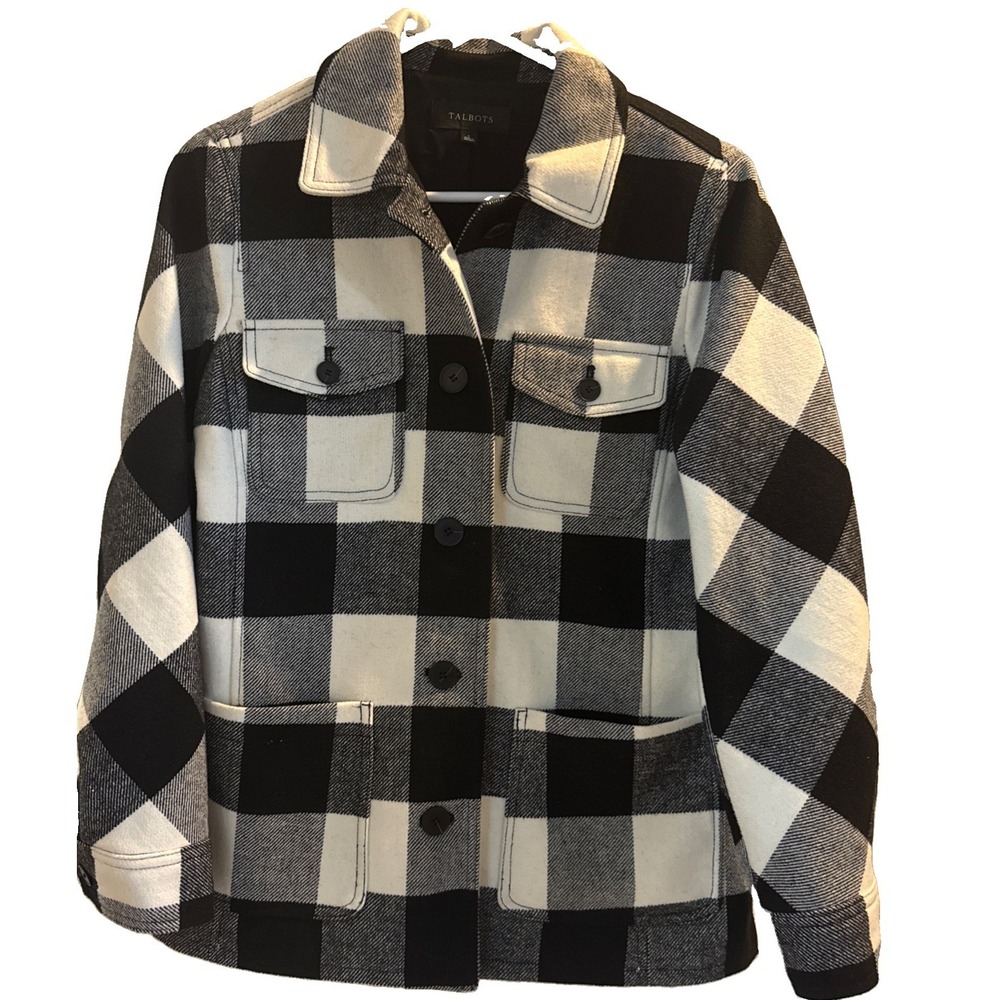 Talbots Shirt Jacket Womens Size S Black White Check Plaid Shacket Buffalo